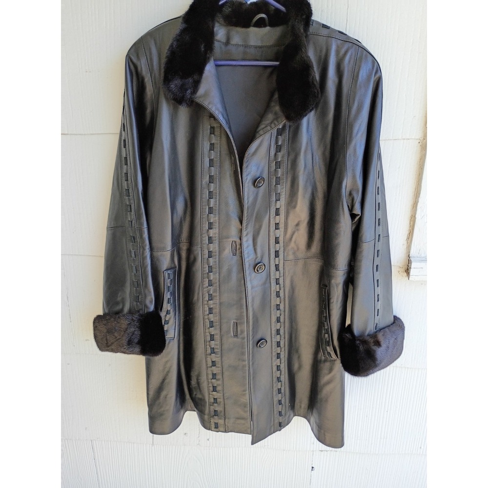 Leather Fur Trim Trench Coat Black Soft Fur L-XL Single Breasted 3 Buttons